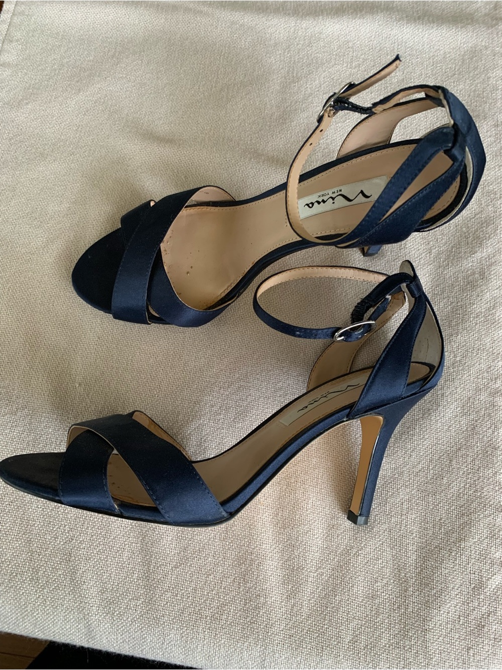 Nina Navy Satin Cross-Strap Ankle-Heels